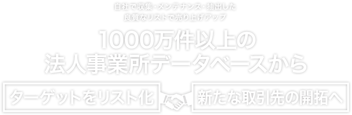 自社で収集・メンテナンス・抽出した良質なリストで売り上げアップ。1000万件以上の法人事業所データベースからターゲットをリスト化、新たな取引先の開拓へ。